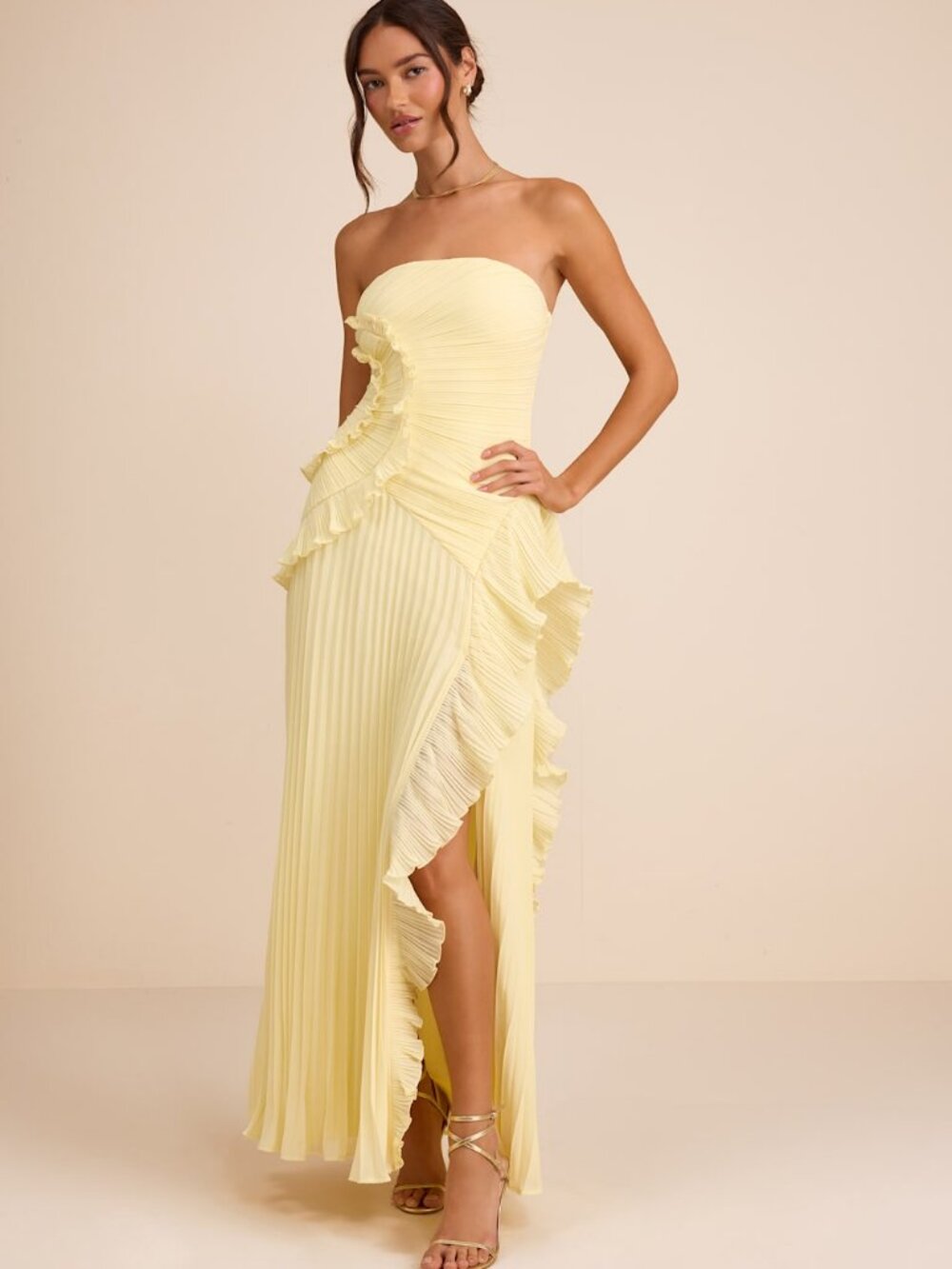 Lulus Brylee Light Yellow Pleated Ruffle Maxi Dress M